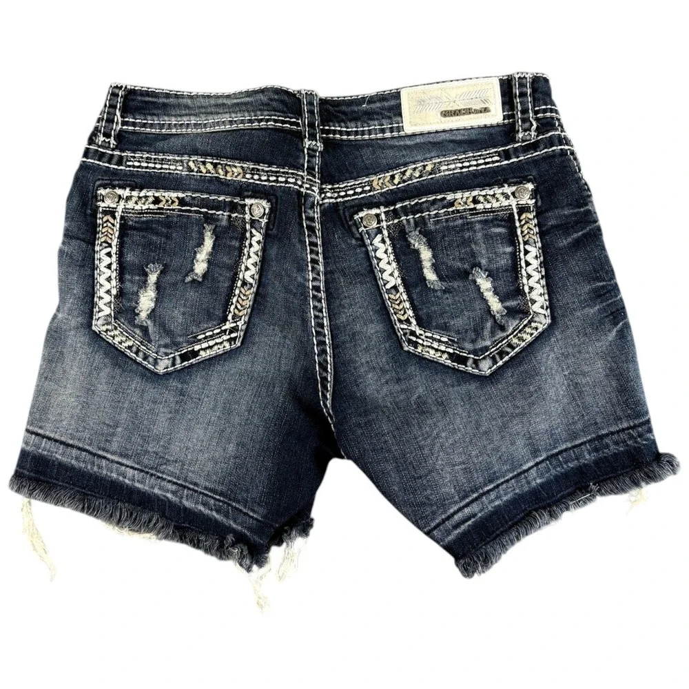 Grace in LA Easy Fit Denim Shorts Women 27 Blue Dark Wash Y2K Distressed Raw Hem